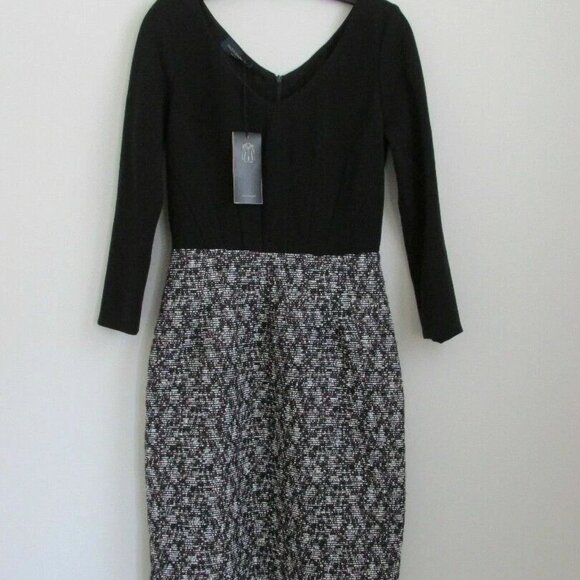 NWT PIAZZA SEMPIONE Black Multi Wool V Neck Tweed Print Dress 40/6 - Picture 5 of 6